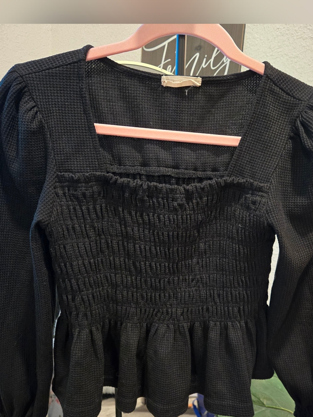 Altar'd State Black Smocked Peplum Long-Sleeve Top